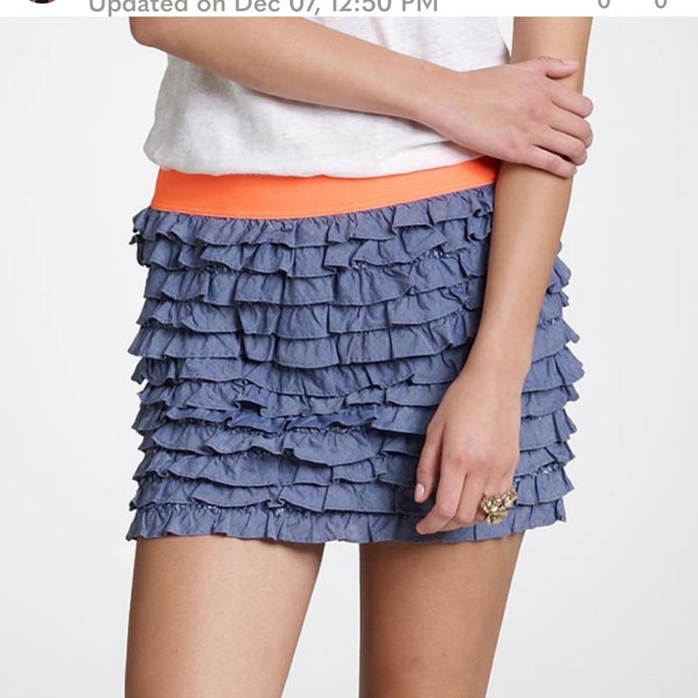 J. CREW Beach Chambray Denim Lucca Ruffle Skirt Neon Orange Blue Elastic Waist